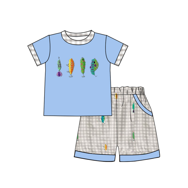 MOQ 5 preorder BSSO1617 Fishing Pattern Blue Short Sleeve Gray Plaid Shorts Boys Set 202510