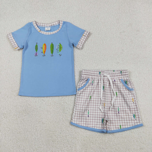 BSSO1617 Embroidered Fishing Pattern Blue Short Sleeve Gray Plaid Shorts Boys Set 202512 RTS