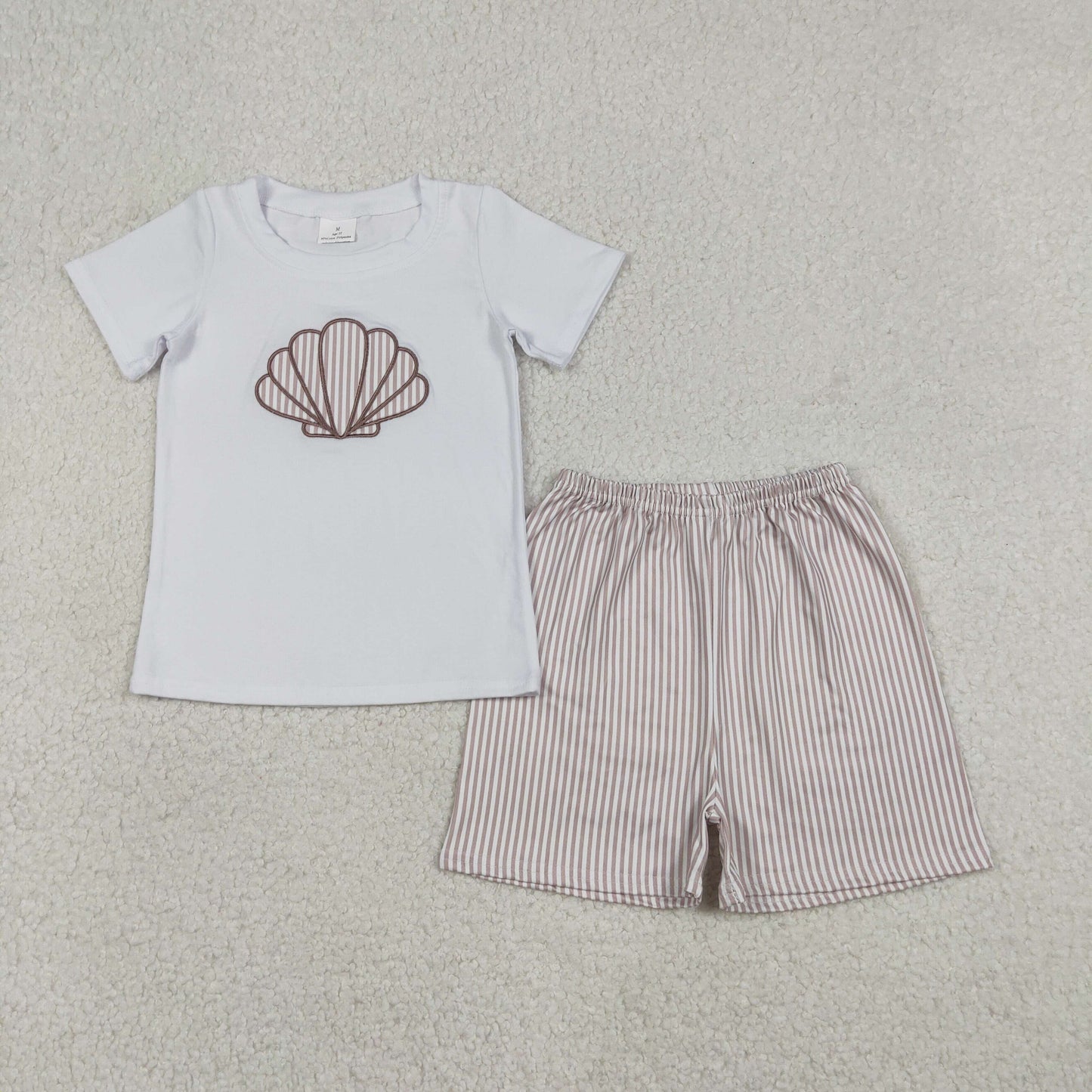 BSSO1618 Embroidered Shell White Short Sleeve Stripe Shorts Boys Set 202512 RTS
