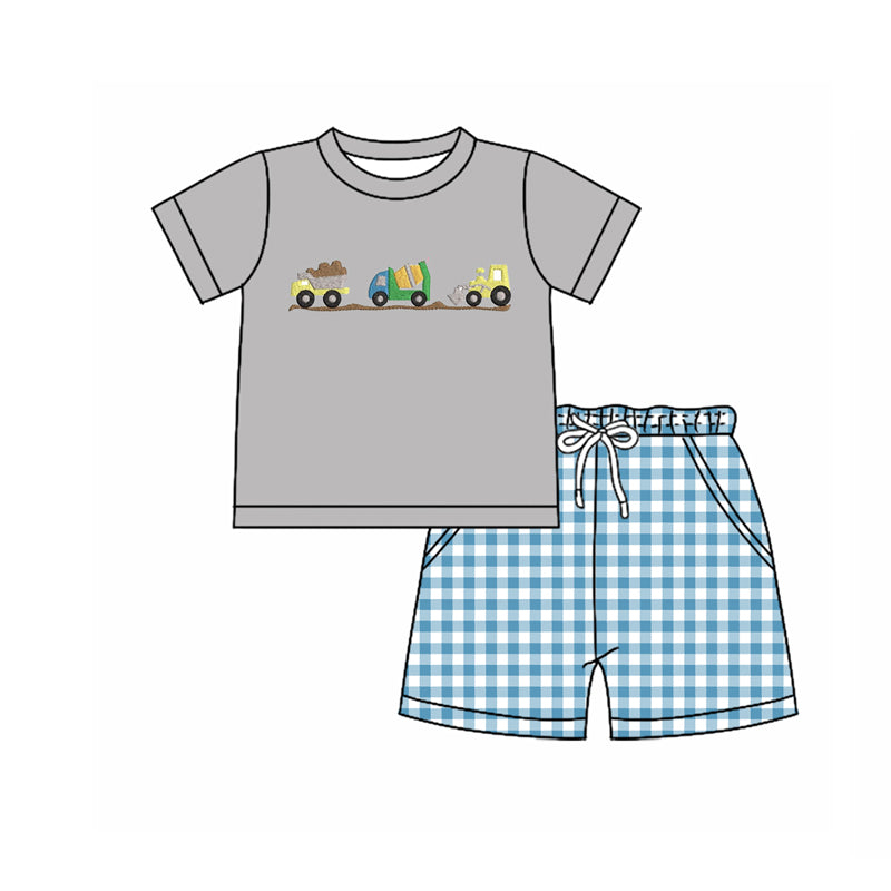MOQ 5 preorder BSSO1619 Construction Vehicle Gray Short Sleeve Blue Plaid Shorts Boys Set 202510