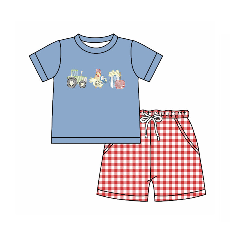 MOQ 5 preorder BSSO1620 Tractor Chicken Popcorn Blue Short Sleeve Red Plaid Shorts Boys Set 202510
