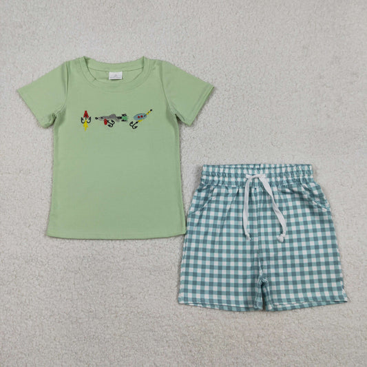 BSSO1621 Embroidered Fishing Bait Green Short Sleeve Plaid Shorts Boys Set 202512 RTS