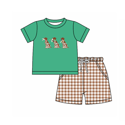 MOQ 5 preorder BSSO1622  Dalmatian Duck Green Short Sleeve Brown Plaid Shorts Boys Set 202510
