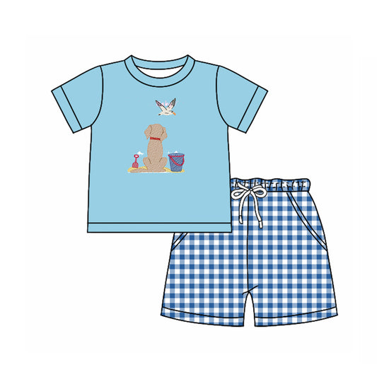 MOQ 5 preorder BSSO1623 Puppy Duck Beach Bucket Blue Short Sleeve Plaid Shorts Boys Set 202510