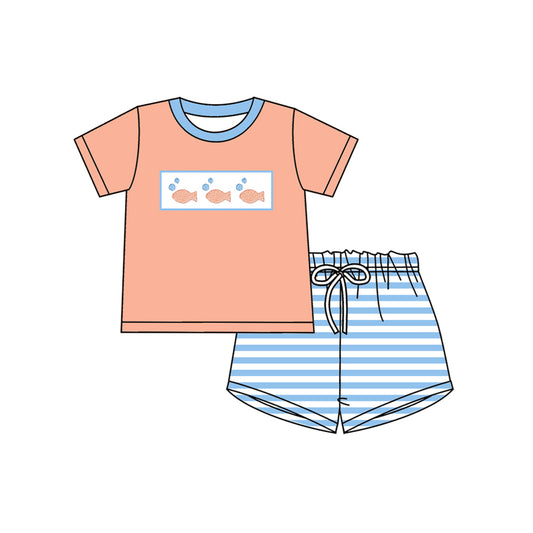 MOQ 5 preorder BSSO1625 Little Fish Bubble Orange Short-Sleeve Blue Stripe Shorts Boys Sets 202510