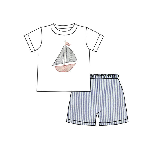 MOQ 5 preorder BSSO1630 Sailboat White Short-Sleeve Blue Stripe Shorts Boys Sets 202510