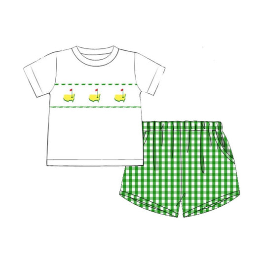 MOQ 5 preorder BSSO1633 Golf Course Red Flag White Short-Sleeve Green Plaid Shorts Boys Sets 202510