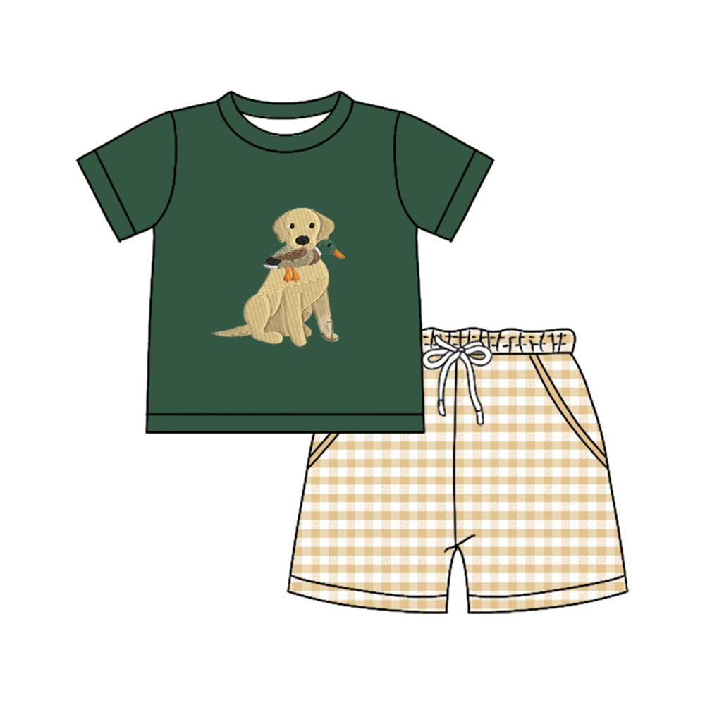 MOQ 5 preorder BSSO1636 Puppy Duck Green Short-Sleeve Light Brown Plaid Shorts Boys Sets 202510