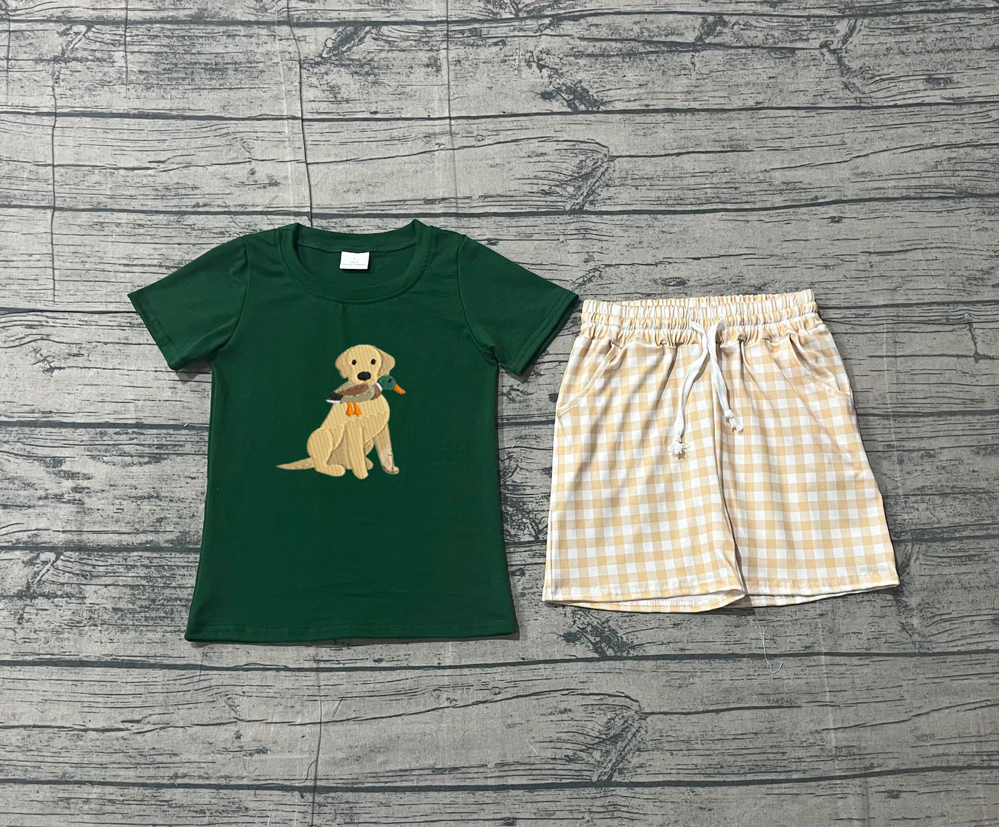 NO MOQ preorder BSSO1636 Embroidered Puppy Duck Green Short-Sleeve Light Brown Plaid Shorts Boys Sets 202512