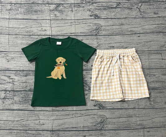 NO MOQ preorder BSSO1636 Embroidered Puppy Duck Green Short-Sleeve Light Brown Plaid Shorts Boys Sets 202512