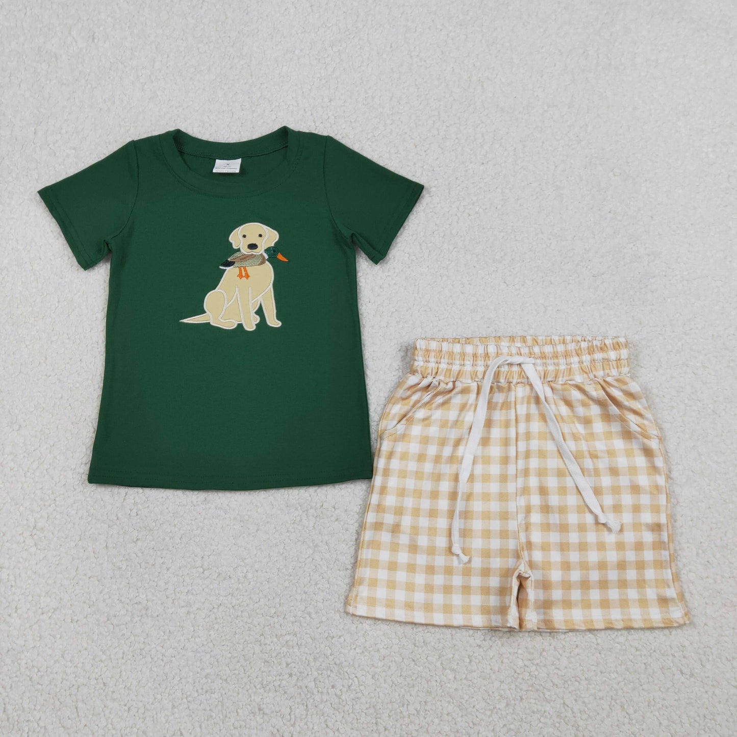 BSSO1636 Embroidered Puppy Duck Green Short-Sleeve Light Brown Plaid Shorts Boys Sets 202601 RTS