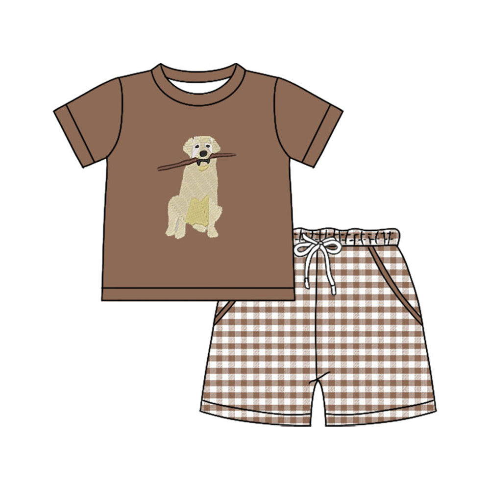 MOQ 5 preorder BSSO1637 Puppy Tree Branch Brown Short-Sleeve Plaid Shorts Boys Sets 202510