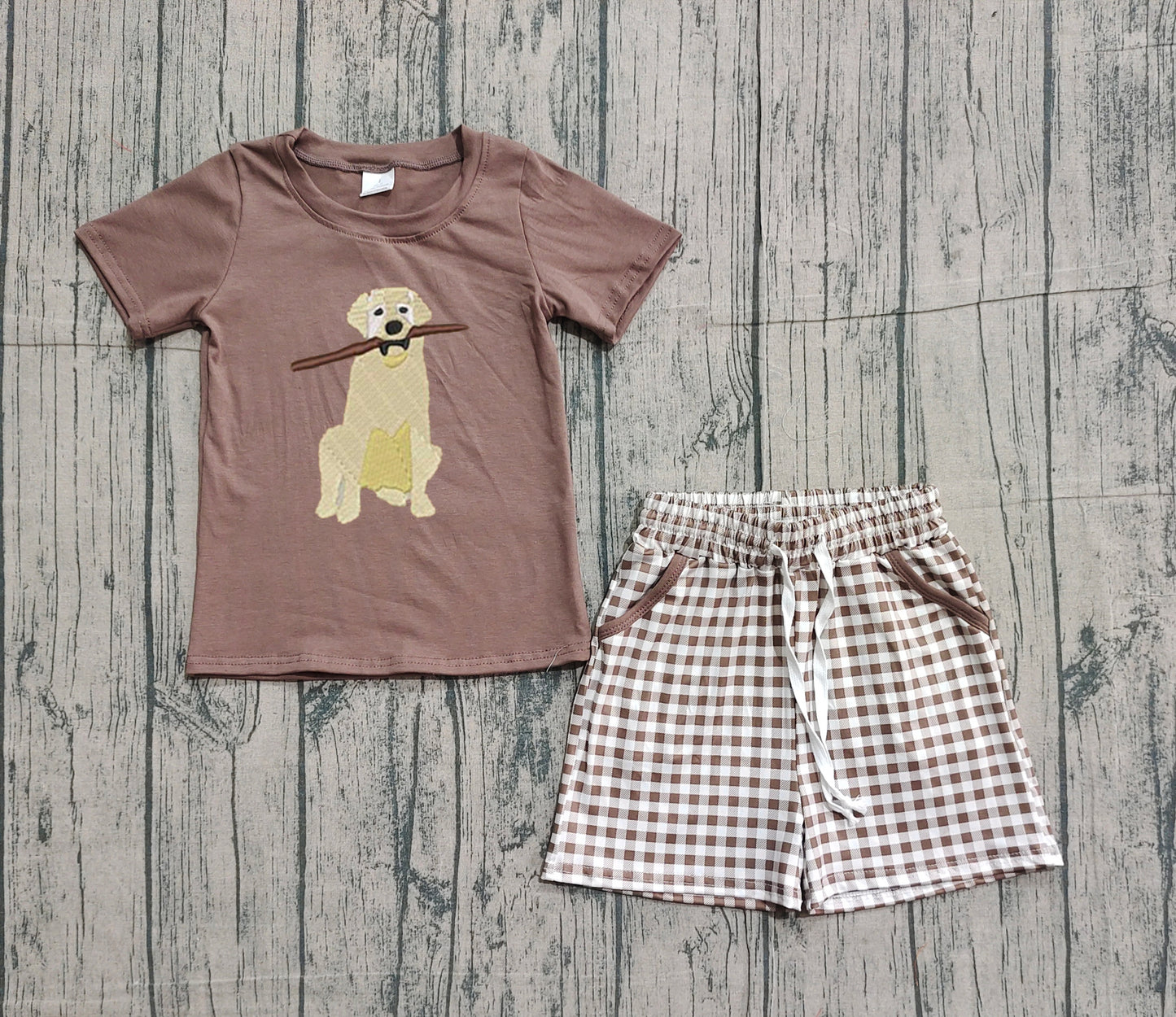 NO MOQ preorder BSSO1637 Embroidered Puppy Tree Branch Brown Short-Sleeve Plaid Shorts Boys Sets 202512