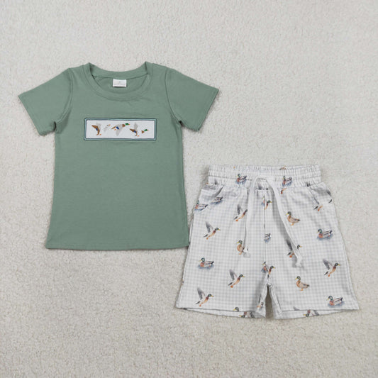 BSSO1639 Embroidered Ducks Gray Green Short-Sleeve Plaid Shorts Boys Sets 202601 RTS