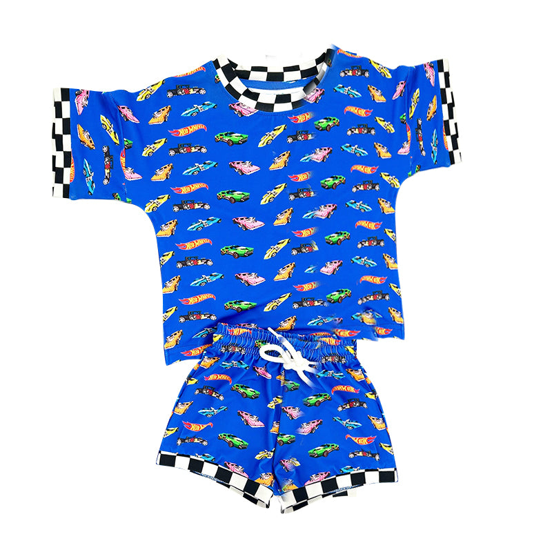 MOQ 5 preorder BSSO1640 Racing Black and White Plaid Blue Short-Sleeve Shorts Boys Sets 202510