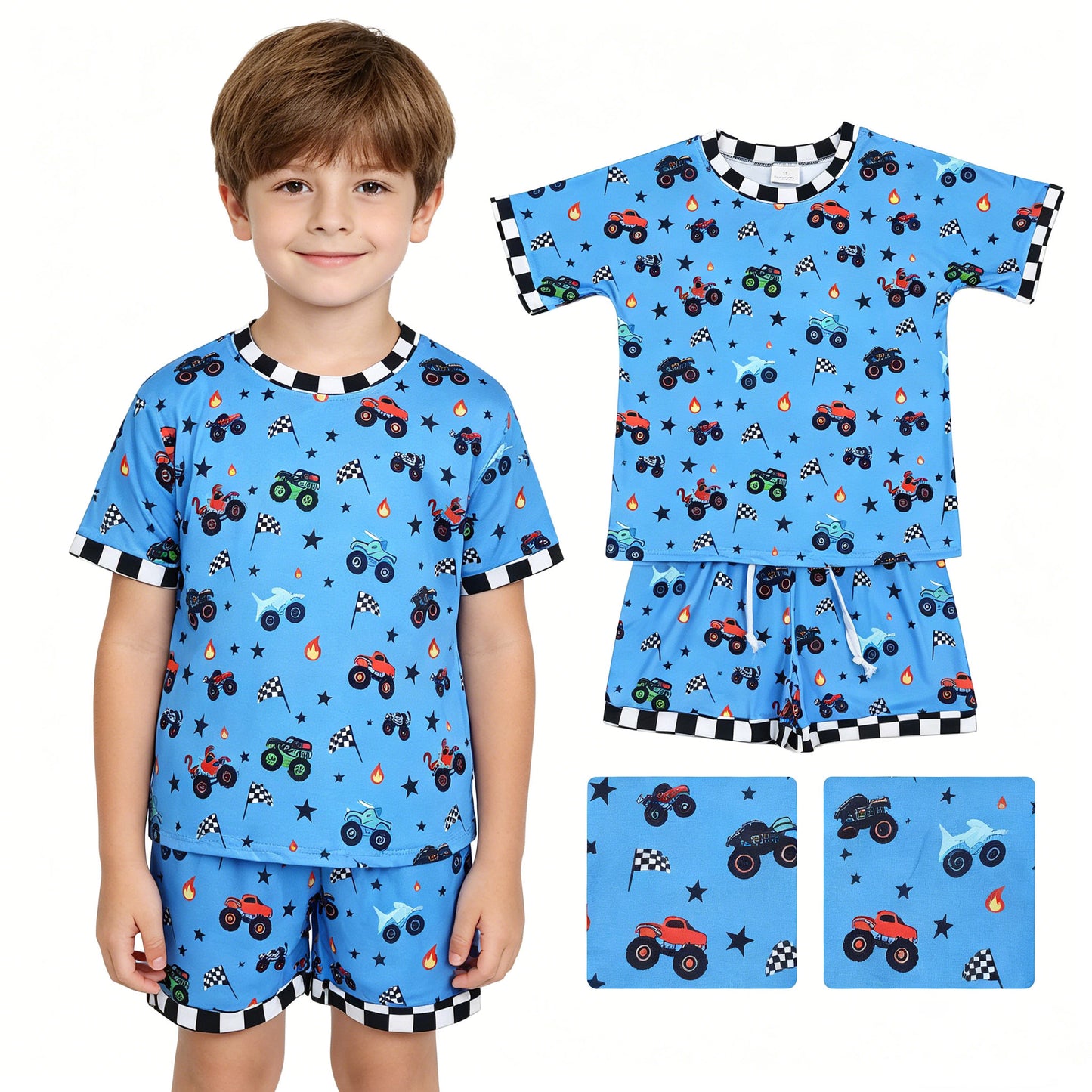 BSSO1641 Off-Road Vehicle Flag Star Flame Blue Short-Sleeve Shorts Boys Sets 202605 RTS