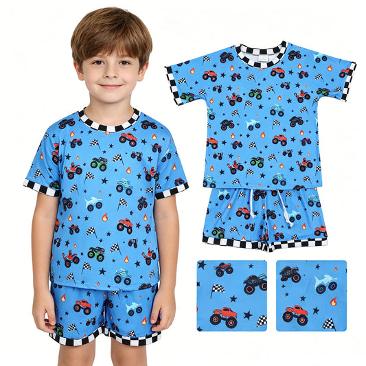 BSSO1641 Off-Road Vehicle Flag Star Flame Blue Short-Sleeve Shorts Boys Sets 202605 RTS