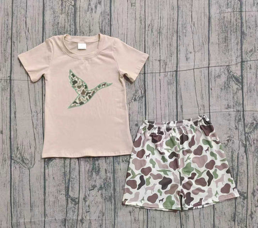 NO MOQ preorder BSSO1646 Embroidered Duck Hunting Camouflage Short Sleeve Shorts Boys Sets 202511