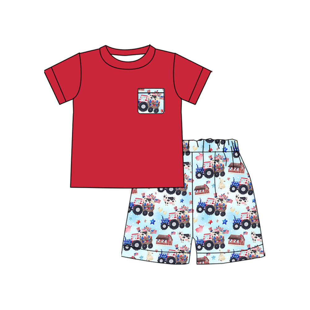 MOQ 5 PCS preorder BSSO1647 4th of July Trucks Cow Red Short Sleeve Shorts Boys Sets 202511