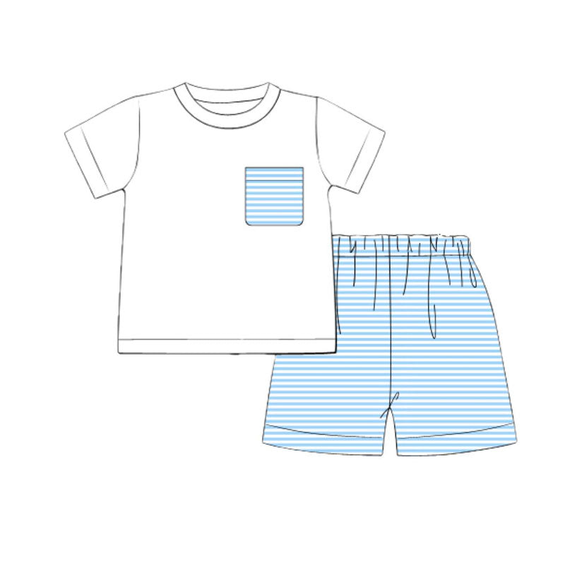 MOQ 5 PCS preorder BSSO1649 Blue Stripe Pocket White Short Sleeve Shorts Boys Sets 202511