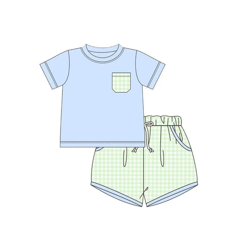 MOQ 5 PCS preorder BSSO1650 Green Plaid Pocket Blue Short Sleeve Shorts Boys Sets 202511