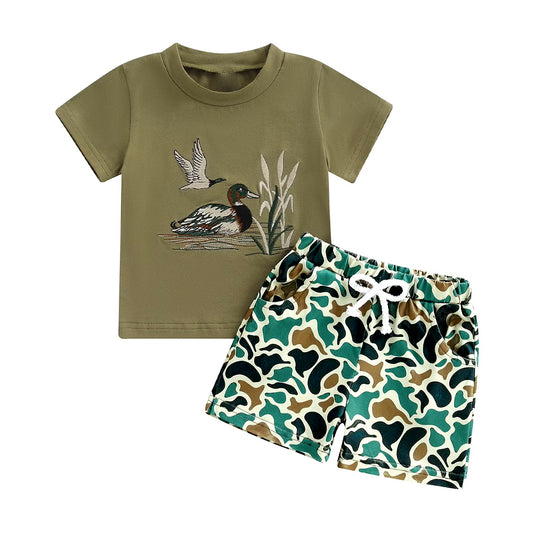 MOQ 5 PCS preorder BSSO1659 Ducks Army Green Short Sleeve Camouflage Shorts Boys Sets 202511