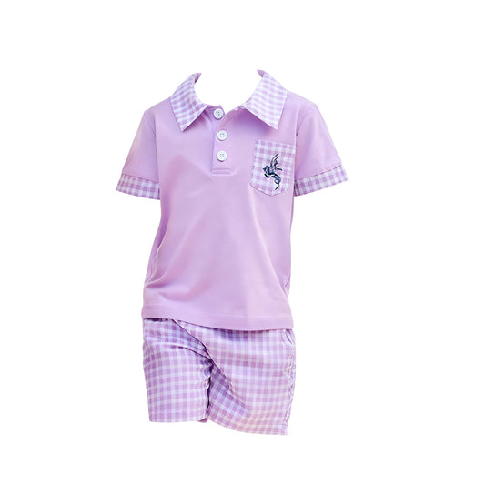 MOQ 5 PCS preorder BSSO1660 Purple Plaid Pocket Button Collar Short Sleeve Shorts Boys Sets 202511
