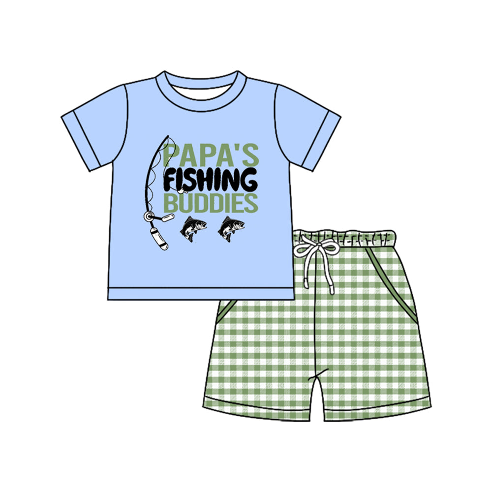 MOQ 5 PCS preorder BSSO1661 Papa's Fishing Buddies Fishing Letter Blue Short-Sleeve Green Plaid Shorts Boys Sets 202511