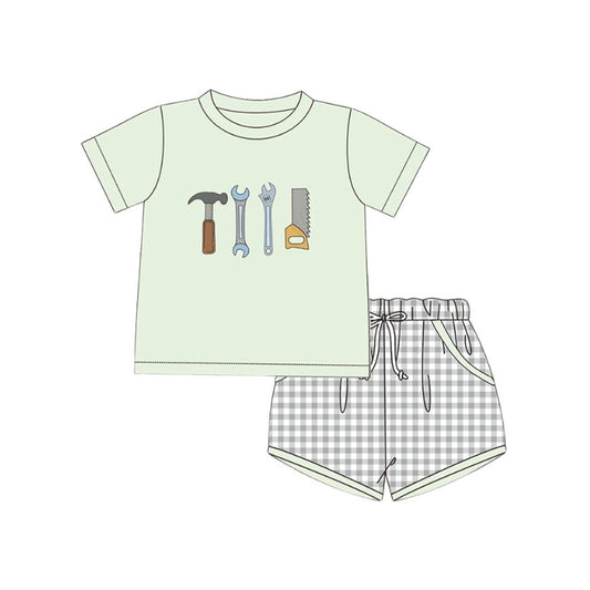MOQ 5 PCS preorder BSSO1666 Hammer Wrench Tools Light Green Short-Sleeve Gray Plaid Shorts Boys Sets 202511