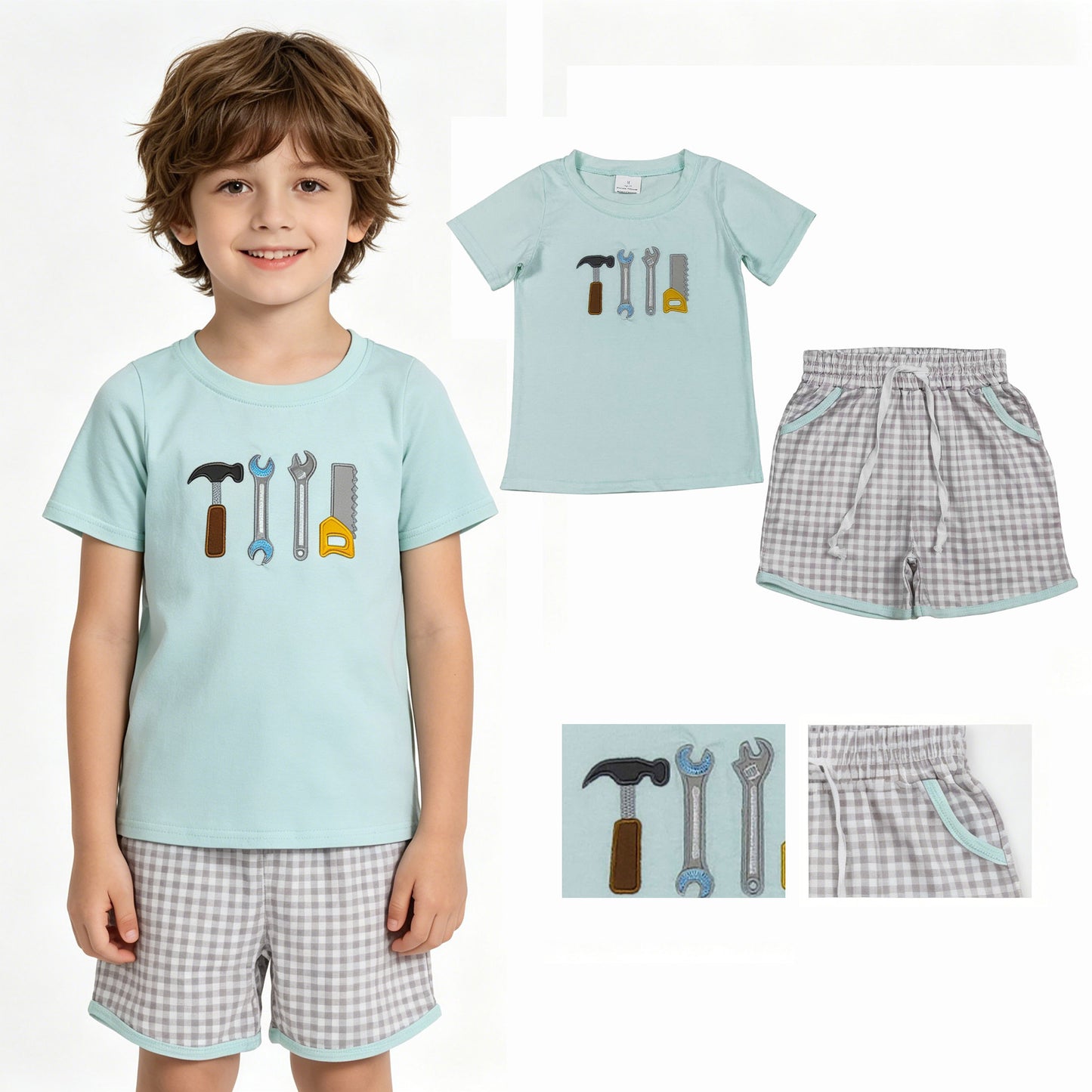 BSSO1666 Embroidered Hammer Wrench Tools Light Green Short-Sleeve Gray Plaid Shorts Boys Sets 202604 RTS
