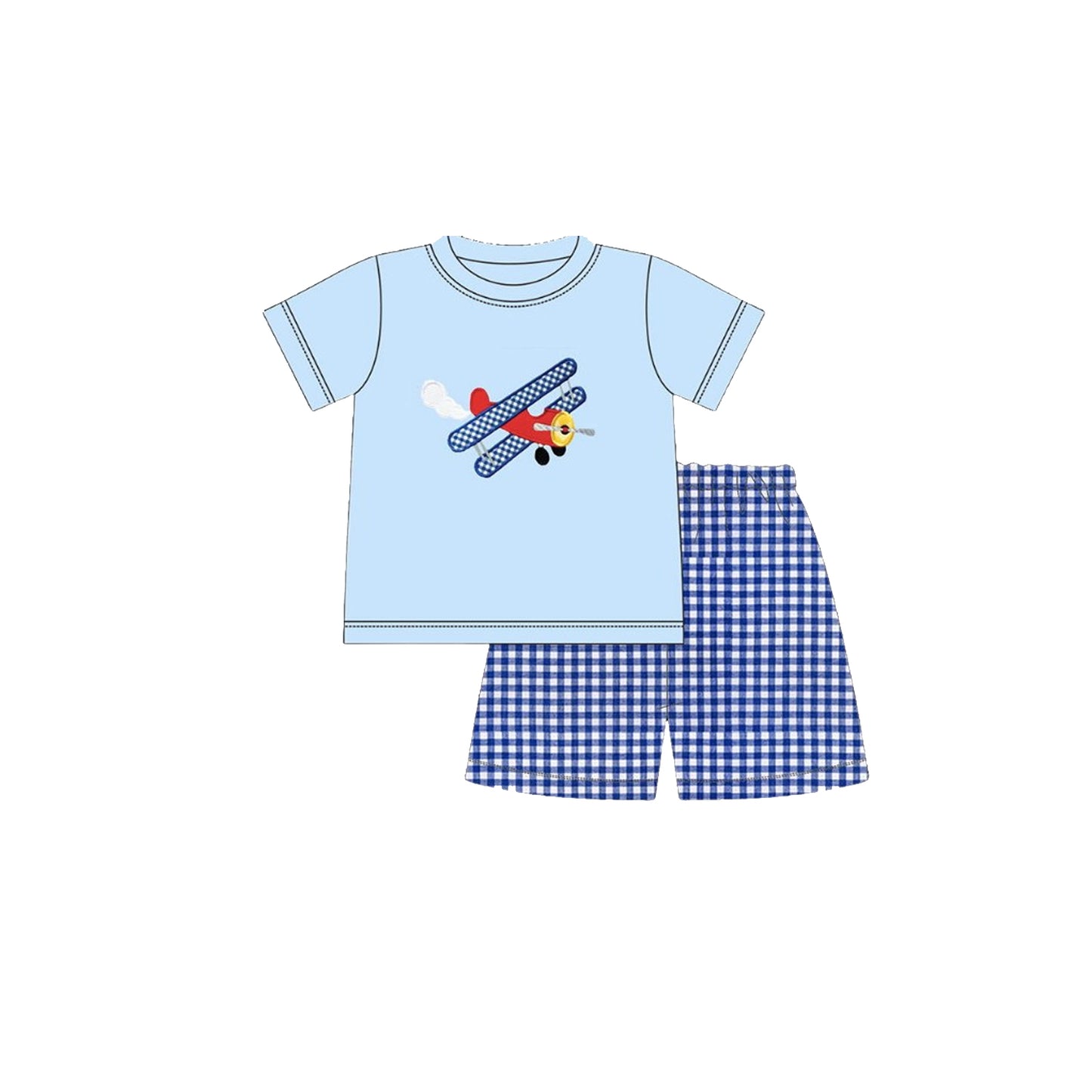 MOQ 5 PCS preorder BSSO1668 Airplane Blue Short-Sleeve Plaid Shorts Boys Sets 202511