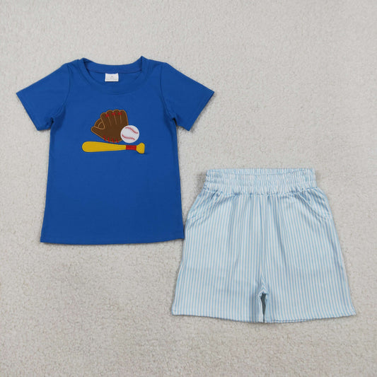 BSSO1670 Embroidered Baseball Gloves Blue Short-Sleeve Stripe Shorts Boys Sets 202601 RTS