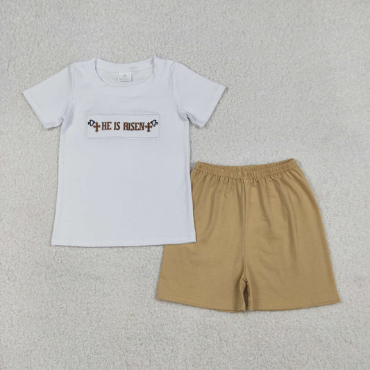 BSSO1674 Embroidered He is Risen Easter Cross White Short-Sleeve Khaki Shorts Boys Sets 202512 RTS