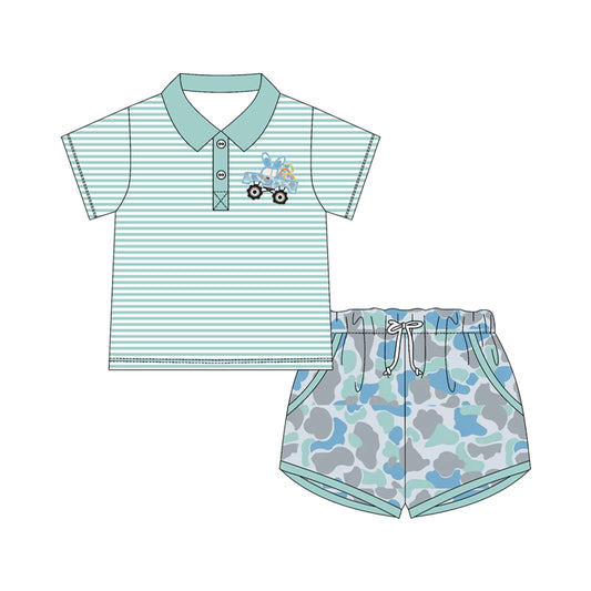 MOQ 5 PCS preorder BSSO1677 Easter Bunny Truck Blue Green Stripe Polo Short-Sleeve Camouflage Shorts Boys Sets 202511