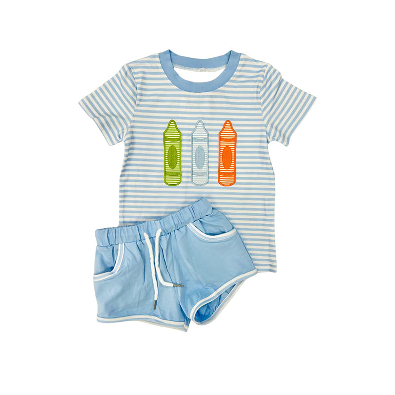 MOQ 5 PCS preorder BSSO1680 Back to School Crayon Blue Stripe Short-Sleeve Shorts Boys Sets 202511