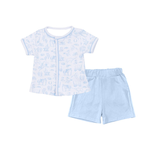 MOQ 5 PCS preorder BSSO1682 Horse-Themed White Short-Sleeve Light Blue Shorts Boys Sets 202511
