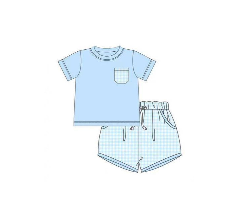 MOQ 5 PCS preorder BSSO1683 Plaid Pocket Light Blue Short-Sleeve Shorts Boys Sets 202511