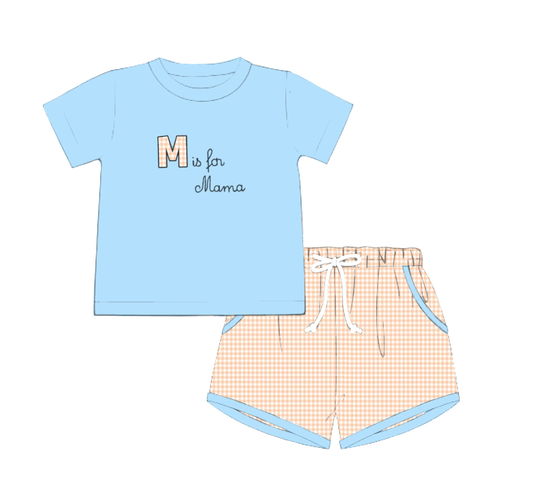 MOQ 5 PCS preorder BSSO1689 M is for mama Blue Short-Sleeve Orange Plaid Shorts Boys Sets 202511