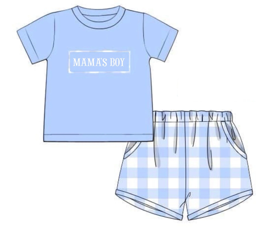 MOQ 5 PCS preorder BSSO1691 MAMA'S BOY Blue Short-Sleeve Plaid Shorts Boys Sets 202511
