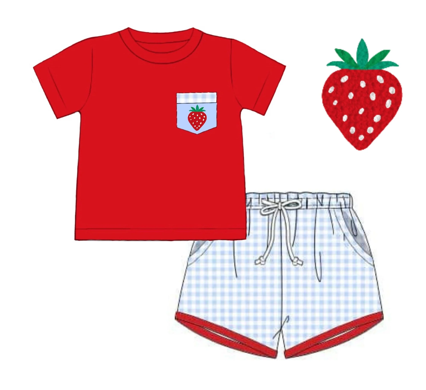 MOQ 5 PCS preorder BSSO1692 Strawberry Pocket Red Short-Sleeve Blue Plaid Shorts Boys Sets 202511