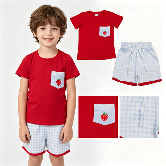 BSSO1692 Strawberry Pocket Red Short-Sleeve Blue Plaid Shorts Boys Sets 202604 RTS