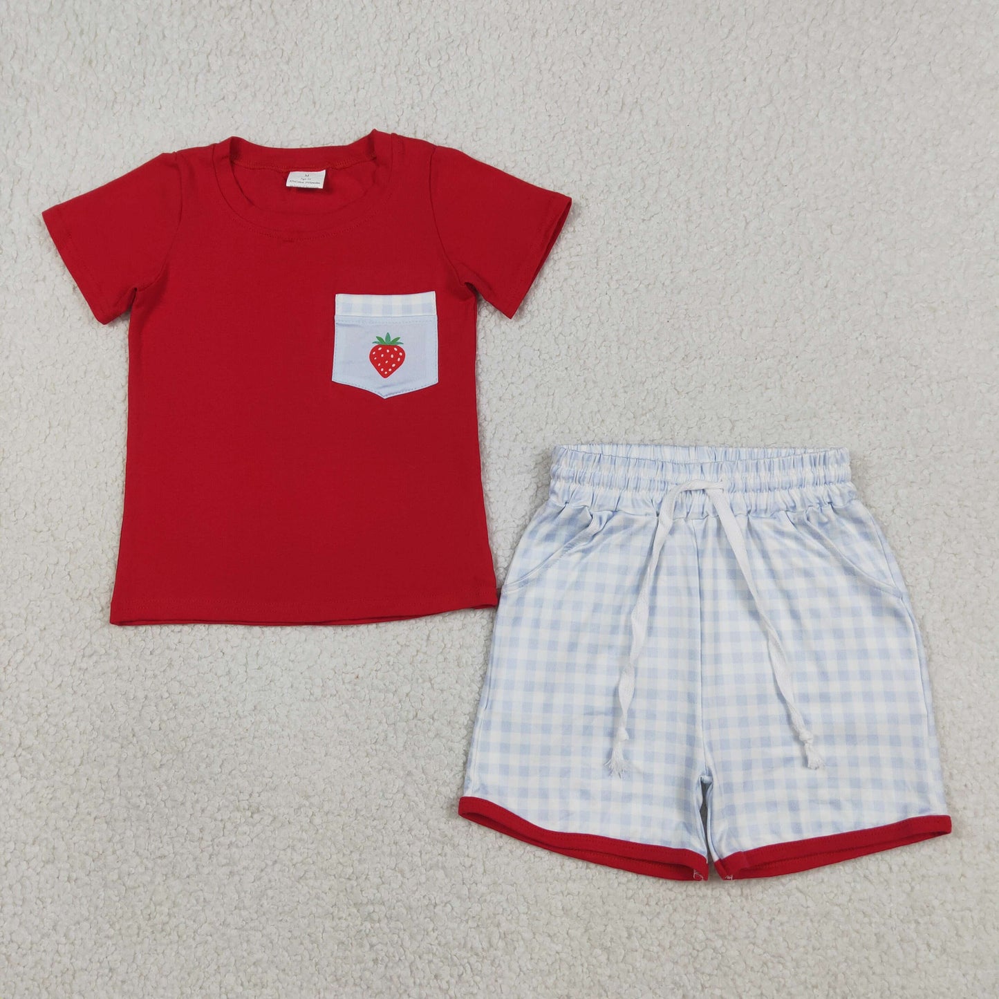 BSSO1692 Strawberry Pocket Red Short-Sleeve Blue Plaid Shorts Boys Sets 202604 RTS