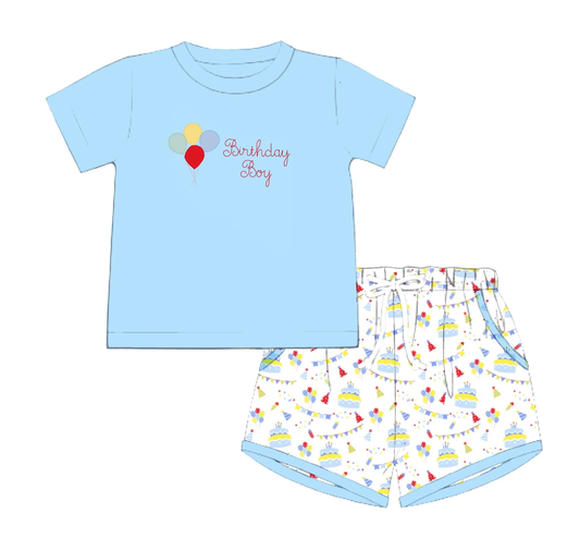 MOQ 5 PCS preorder BSSO1695 Balloon Happy Birthday Boy Blue Short-Sleeve Shorts Boys Sets 202511