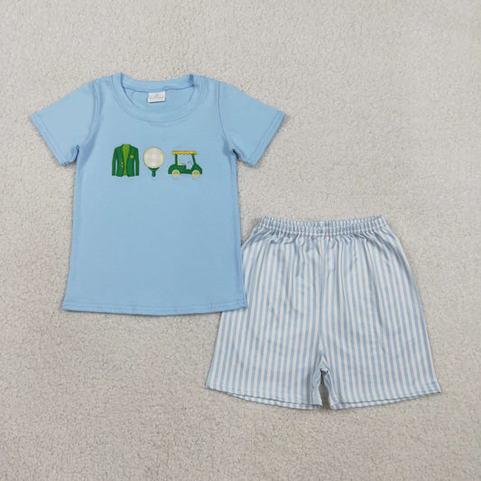 BSSO1696 Embroidered Golf Blue Short-Sleeve Stripe Shorts Boys Sets 202601 RTS