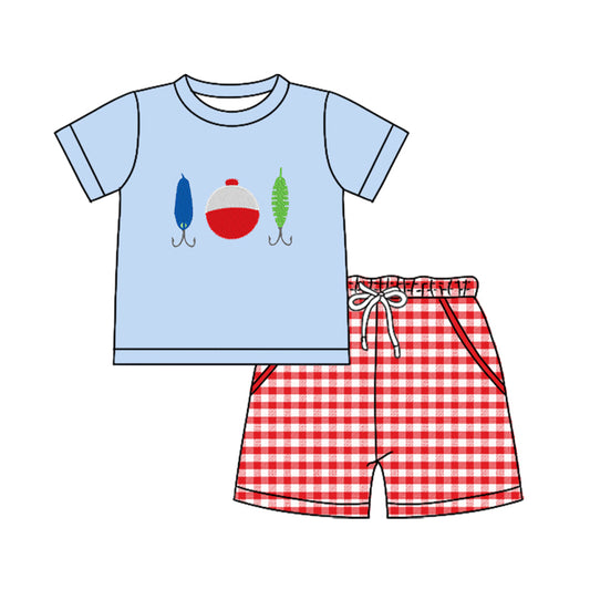 MOQ 5 PCS preorder BSSO1699 Fishing Float Blue Short-Sleeve Red Plaid Shorts Boys Sets 202511