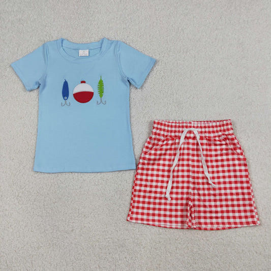 BSSO1699 Embroidered Fishing Float Blue Short-Sleeve Red Plaid Shorts Boys Sets 202604 RTS
