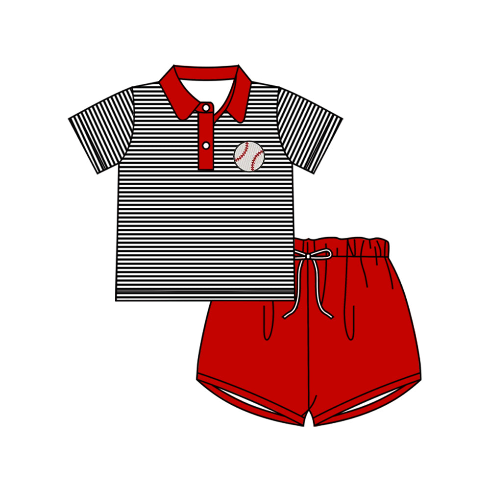 MOQ 5 PCS preorder BSSO1701 Baseball Black Stripe Red Polo Short-Sleeve Shorts Boys Sets 202511