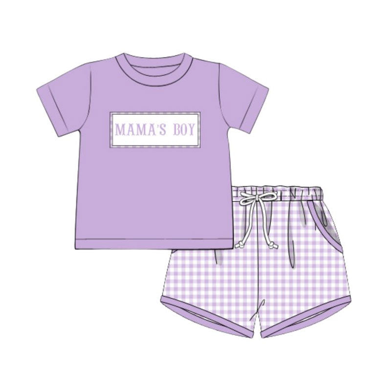 MOQ 5 PCS preorder BSSO1702 MAMA'S BOY Purple Short-Sleeved Plaid Shorts Boys Sets 202511