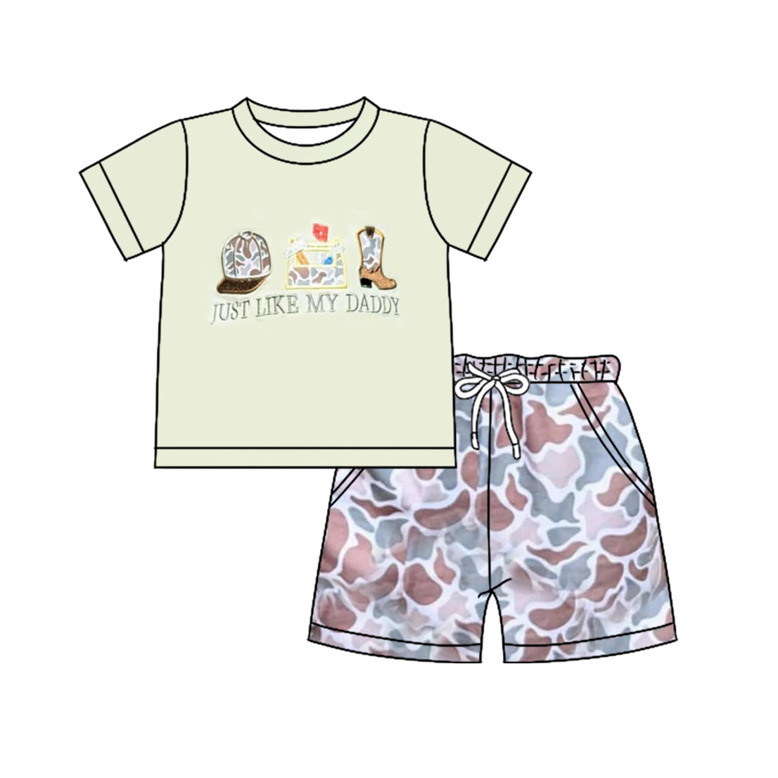 MOQ 5 PCS preorder BSSO1710 Just Like my Daddy's Green Short Sleeve Camo Shorts Boys Sets 202511