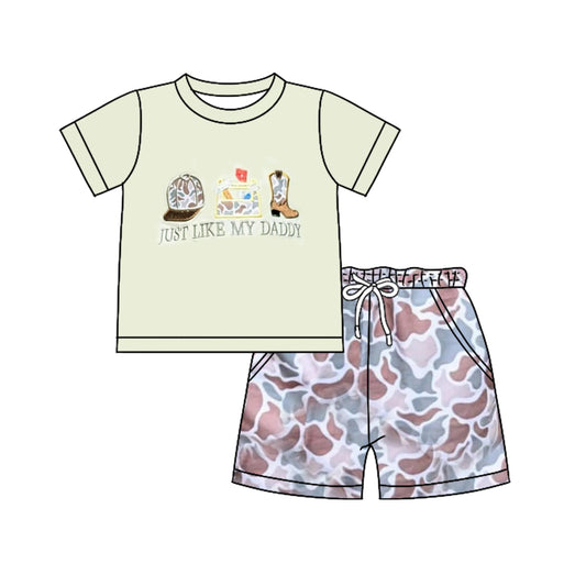 MOQ 5 PCS preorder BSSO1710 Just Like my Daddy's Green Short Sleeve Camo Shorts Boys Sets 202511
